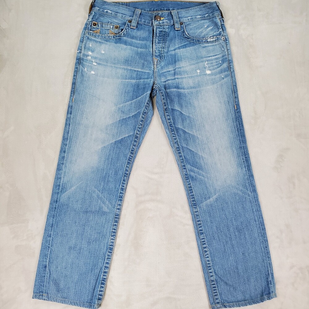 True Religion Jeans Jackson Men 34x30 Straight Light Wash Distressed Embroidered